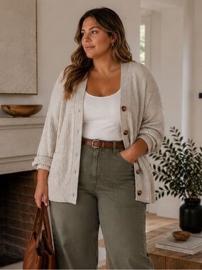 Old Navy Cream Speckled Ribbed Button-Front Cardigan